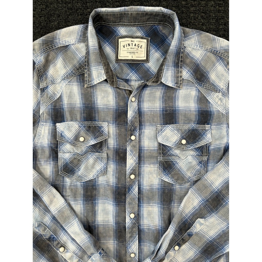 BKE Vintage Mens Large Blue Grey Plaid Western Pearl Snap Long Sleeve Shirt L